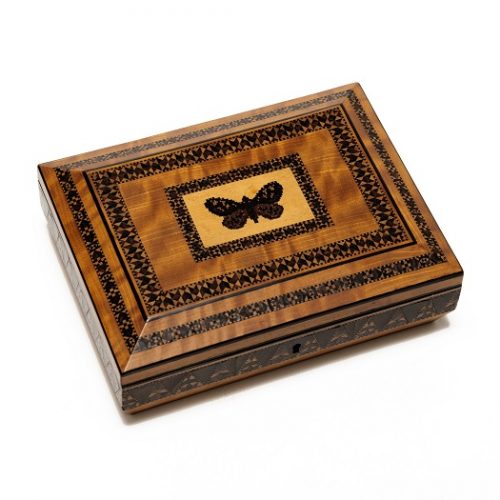 Tunbridge ware Needlework Box with Moth Mosaic Vandyke Frieze