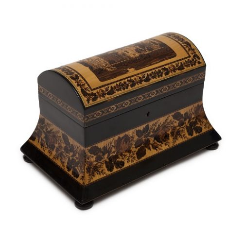 Tunbridge Ware Waisted Domed Tea Caddy in Ebony with Penshurst Place