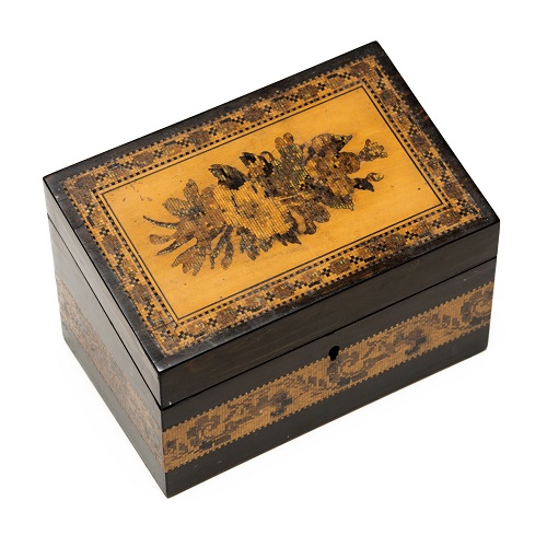 Small Tunbridge Ware Coromandel Stationery Box with a sloping lid inlaid with a floral spray 0057_A