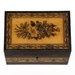 Small Tunbridge Ware coromandel stationery box with a sloping lid. B