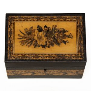 Small Tunbridge Ware coromandel stationery box with a sloping lid. B