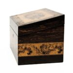 Small Tunbridge Ware Coromandel Stationery Box with a sloping lid inlaid with a floral spray 0057_E