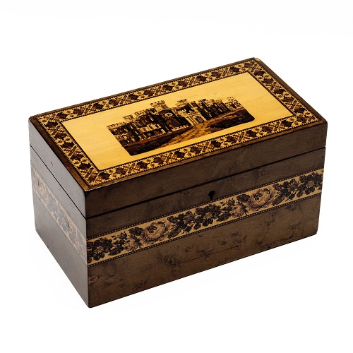 Tunbridge Ware Tea Caddy. Eridge Castle, Birds Eye Maple
